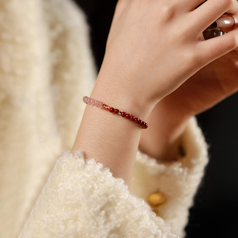 Nimara Ritual Natural Cinnabar Pink Crystal Strawberry Quartz Lucky Koi Fish Blessing Bracelet