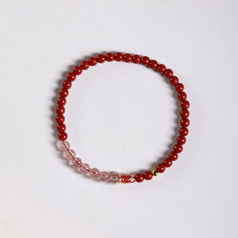 Nimara Ritual Natural Cinnabar Pink Crystal Strawberry Quartz Lucky Koi Fish Blessing Bracelet