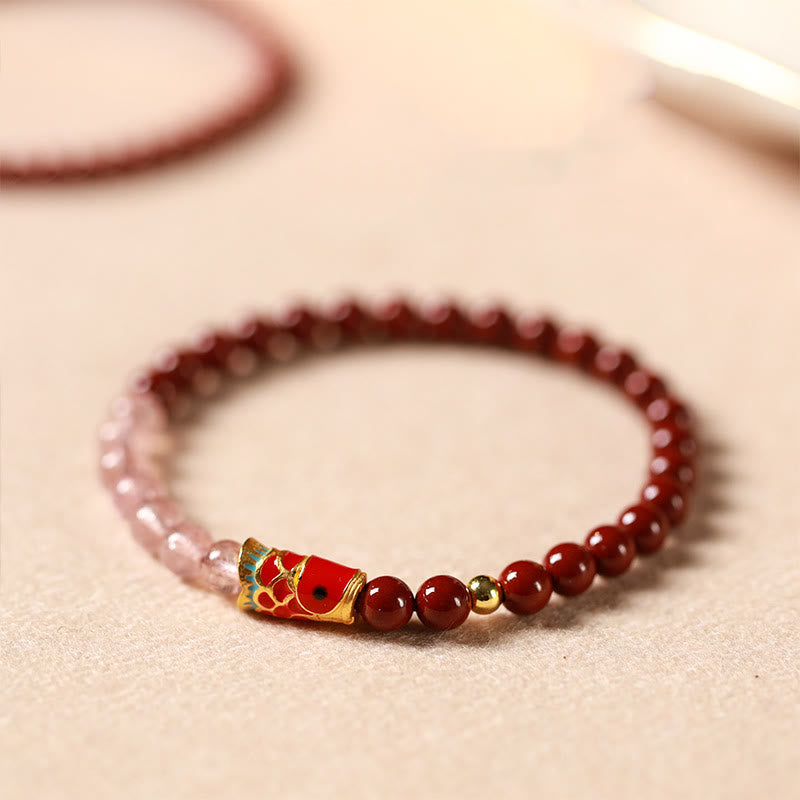 Nimara Ritual Natural Cinnabar Pink Crystal Strawberry Quartz Lucky Koi Fish Blessing Bracelet