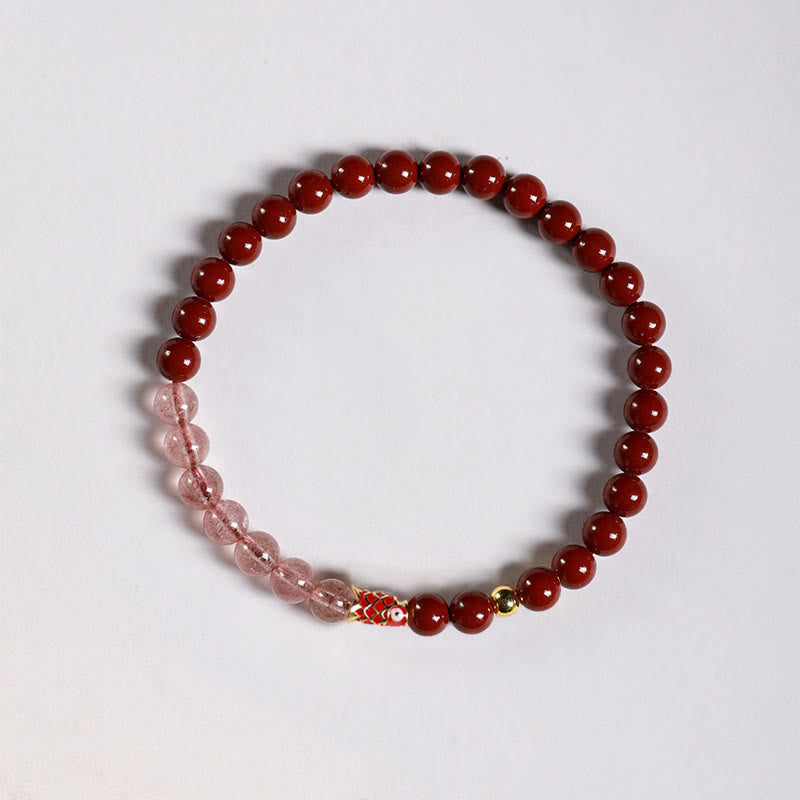 Nimara Ritual Natural Cinnabar Pink Crystal Strawberry Quartz Lucky Koi Fish Blessing Bracelet