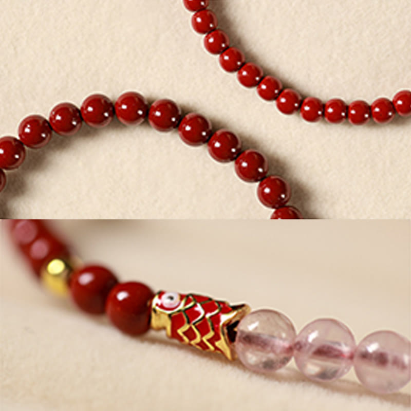 Nimara Ritual Natural Cinnabar Pink Crystal Strawberry Quartz Lucky Koi Fish Blessing Bracelet