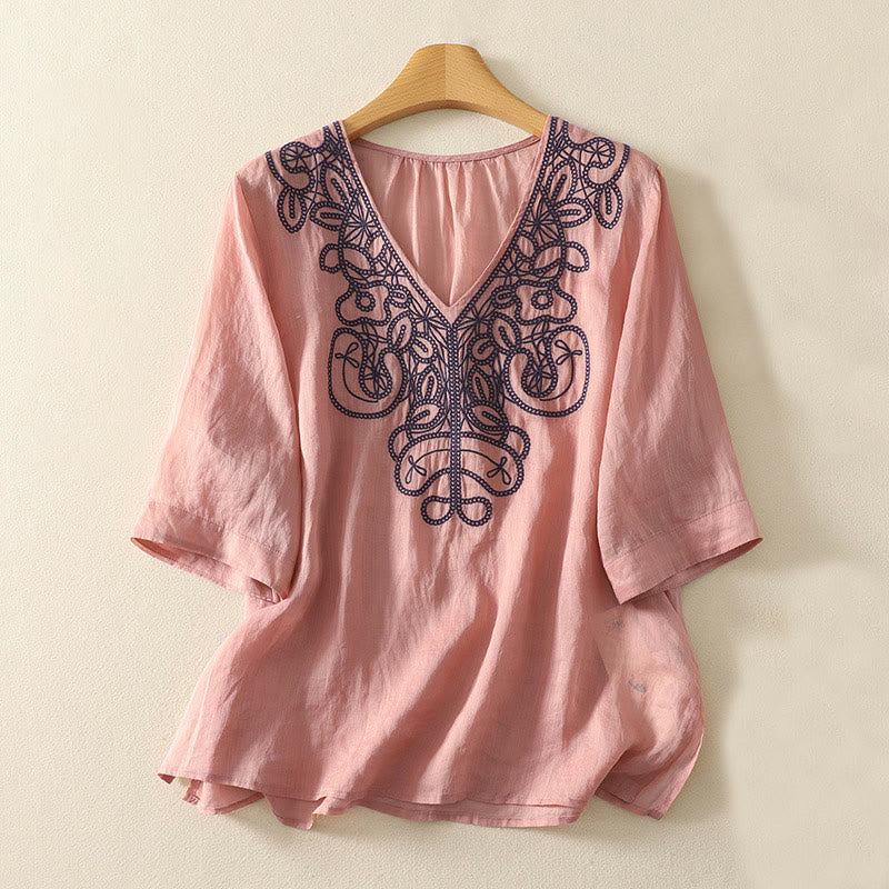 Nimara Ritual Embroidered V-neck Casual Women's Half Sleeve T-shirt