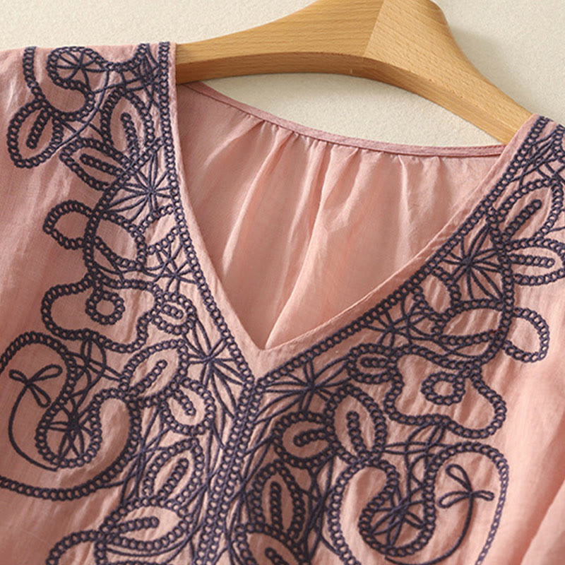 Nimara Ritual Embroidered V-neck Casual Women's Half Sleeve T-shirt