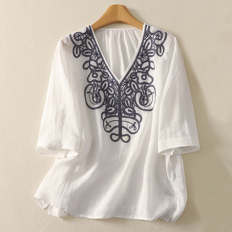 Nimara Ritual Embroidered V-neck Casual Women's Half Sleeve T-shirt