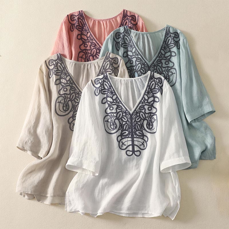 Nimara Ritual Embroidered V-neck Casual Women's Half Sleeve T-shirt