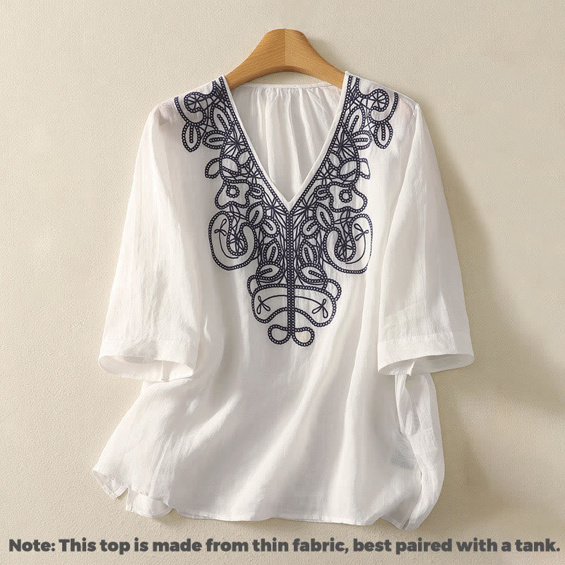 Nimara Ritual Embroidered V-neck Casual Women's Half Sleeve T-shirt