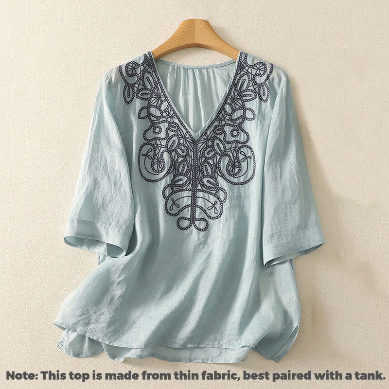 Nimara Ritual Embroidered V-neck Casual Women's Half Sleeve T-shirt