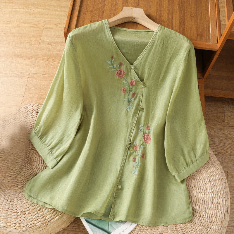 Nimara Ritual Embroidered Flowers Cotton Women's V-neck Shirt