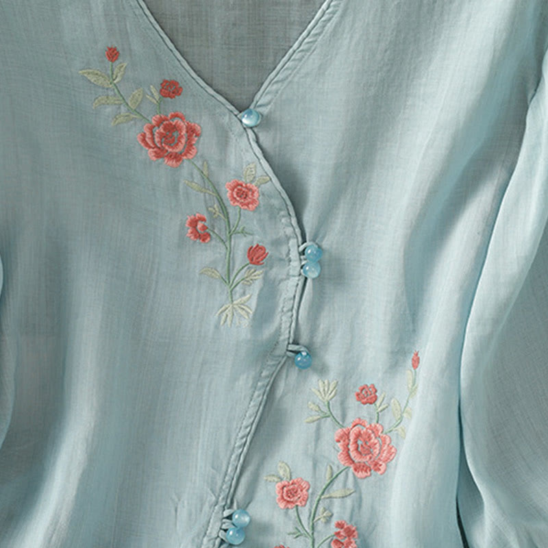 Nimara Ritual Embroidered Flowers Cotton Women's V-neck Shirt