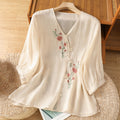 Nimara Ritual Embroidered Flowers Cotton Women's V-neck Shirt