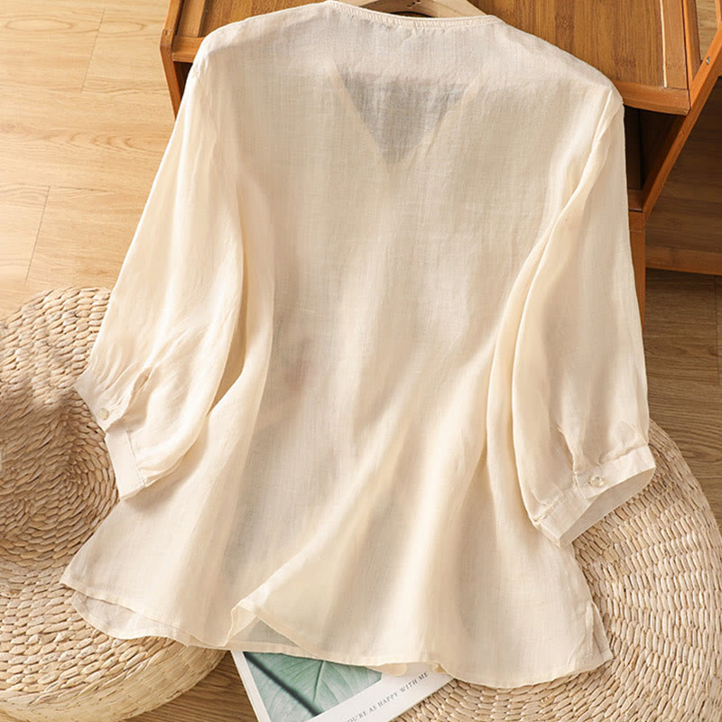 Nimara Ritual Embroidered Flowers Cotton Women's V-neck Shirt