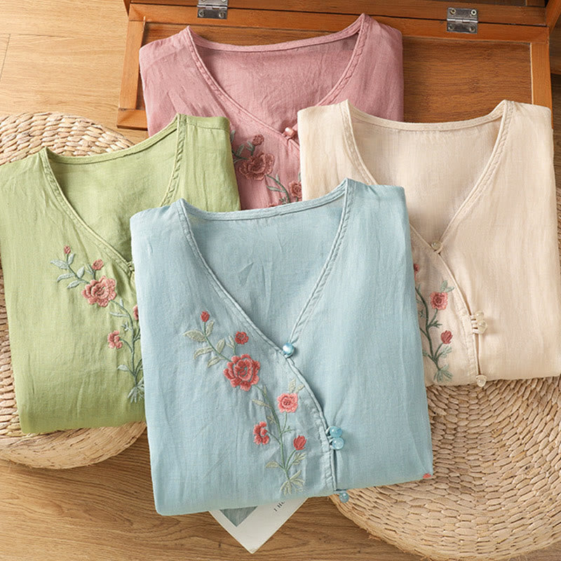 Nimara Ritual Embroidered Flowers Cotton Women's V-neck Shirt