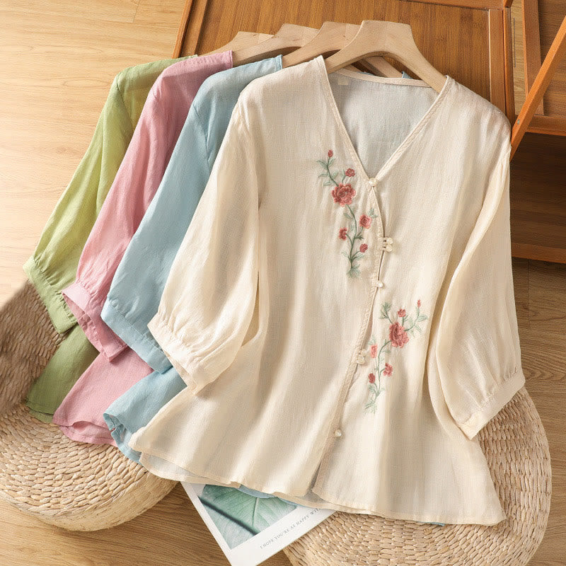 Nimara Ritual Embroidered Flowers Cotton Women's V-neck Shirt