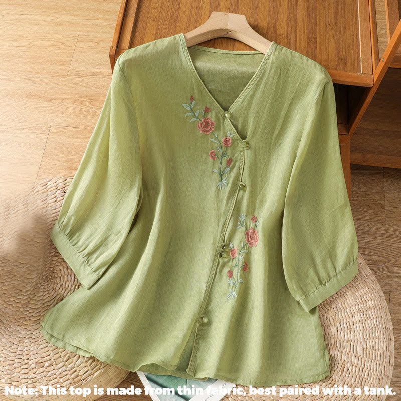 Nimara Ritual Embroidered Flowers Cotton Women's V-neck Shirt
