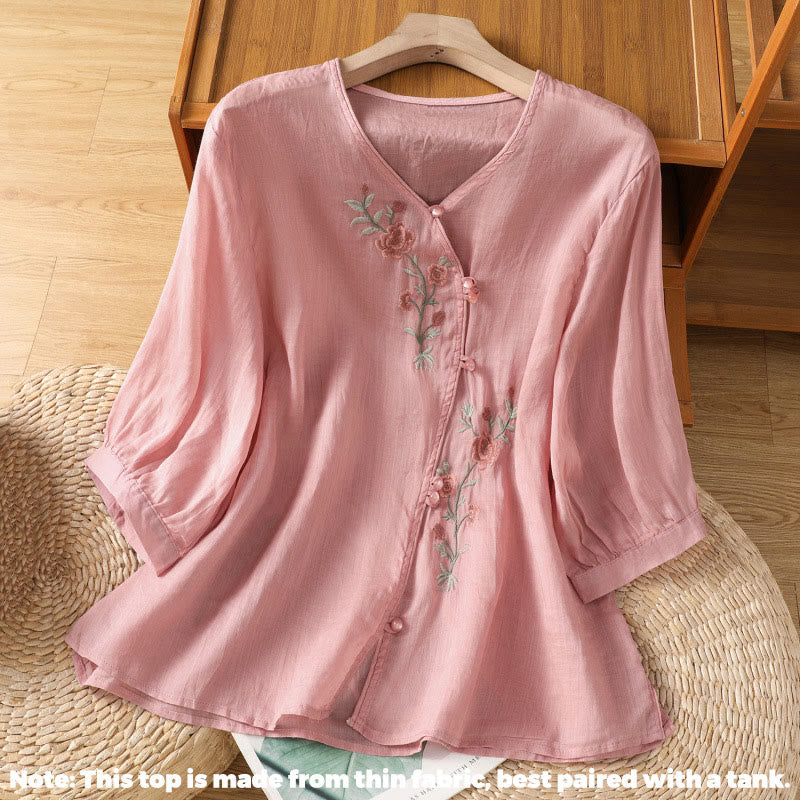 Nimara Ritual Embroidered Flowers Cotton Women's V-neck Shirt