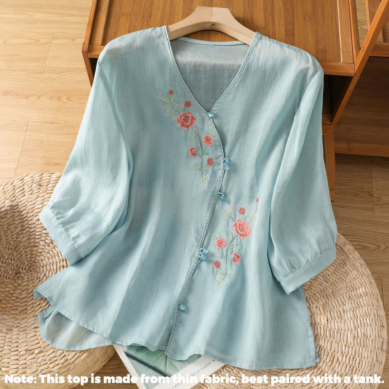 Nimara Ritual Embroidered Flowers Cotton Women's V-neck Shirt