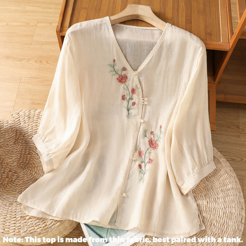 Nimara Ritual Embroidered Flowers Cotton Women's V-neck Shirt