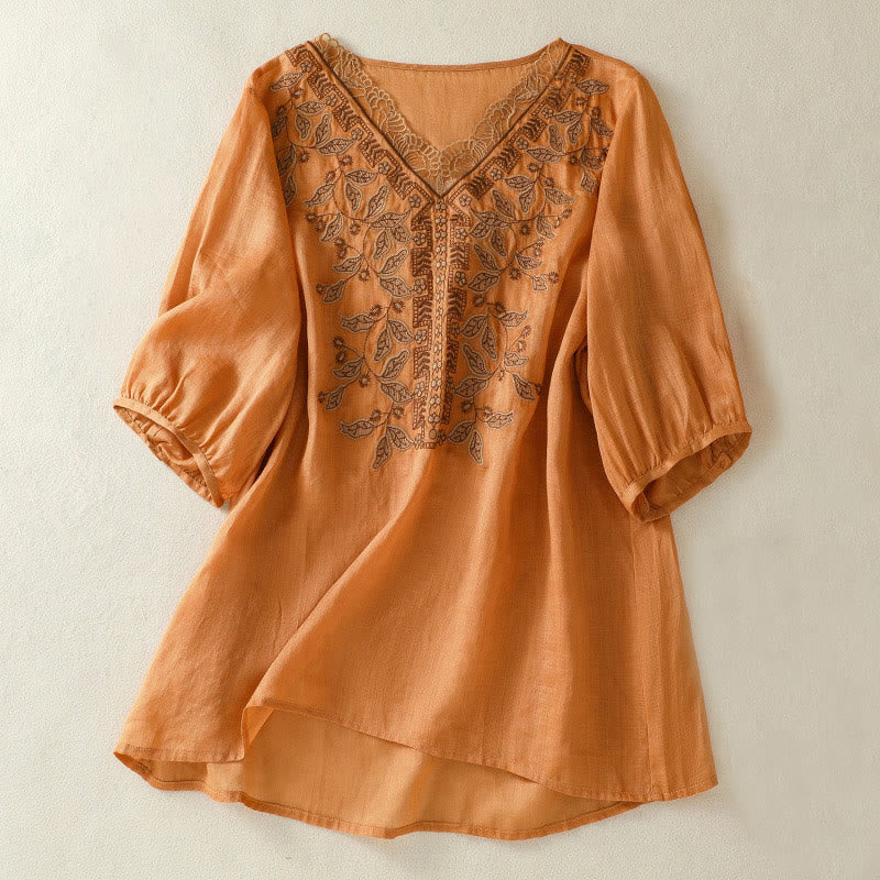 Nimara Ritual Embroidered Lace Casual Women's Cotton Linen Half Sleeve T-shirt