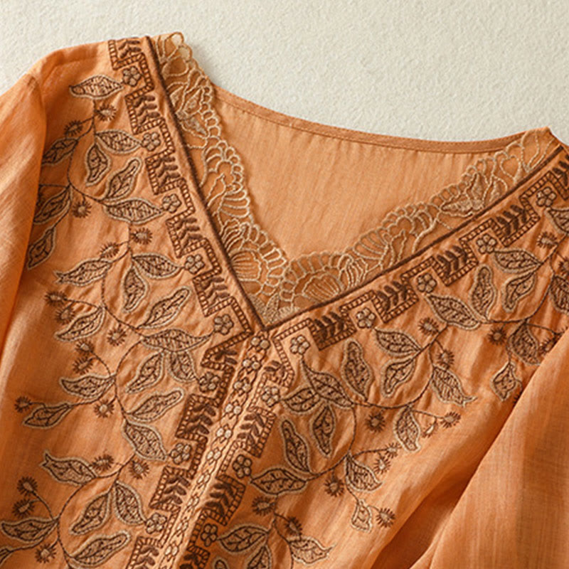 Nimara Ritual Embroidered Lace Casual Women's Cotton Linen Half Sleeve T-shirt