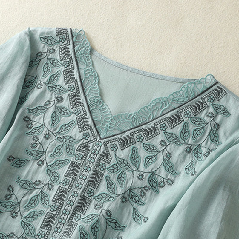 Nimara Ritual Embroidered Lace Casual Women's Cotton Linen Half Sleeve T-shirt