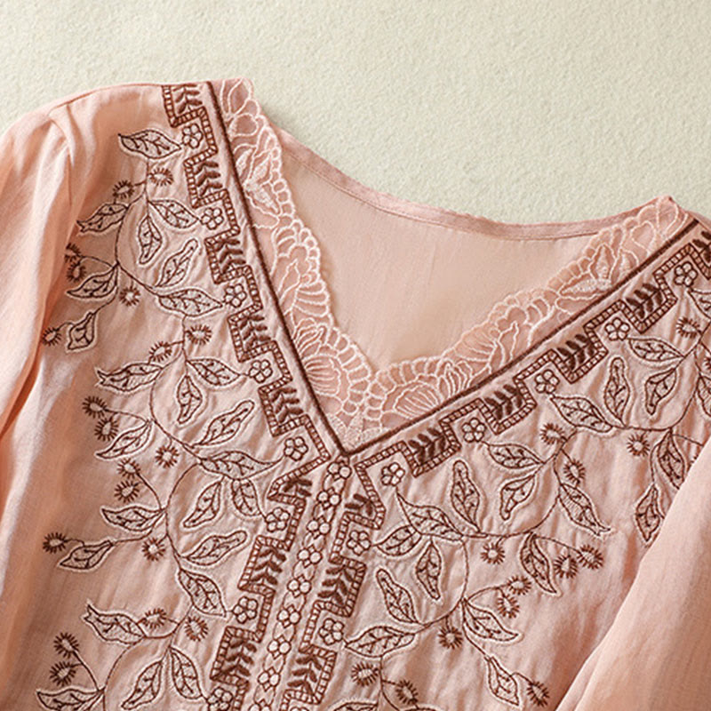 Nimara Ritual Embroidered Lace Casual Women's Cotton Linen Half Sleeve T-shirt