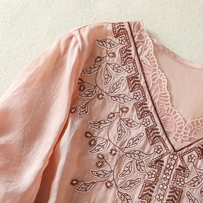 Nimara Ritual Embroidered Lace Casual Women's Cotton Linen Half Sleeve T-shirt