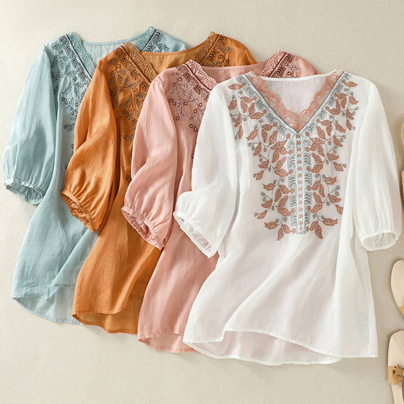 Nimara Ritual Embroidered Lace Casual Women's Cotton Linen Half Sleeve T-shirt