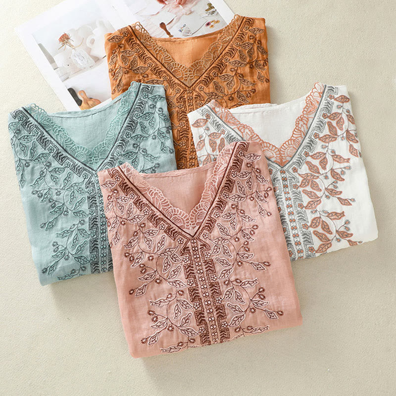 Nimara Ritual Embroidered Lace Casual Women's Cotton Linen Half Sleeve T-shirt