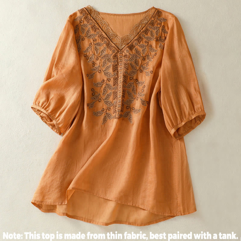 Nimara Ritual Embroidered Lace Casual Women's Cotton Linen Half Sleeve T-shirt