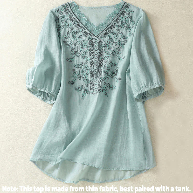 Nimara Ritual Embroidered Lace Casual Women's Cotton Linen Half Sleeve T-shirt