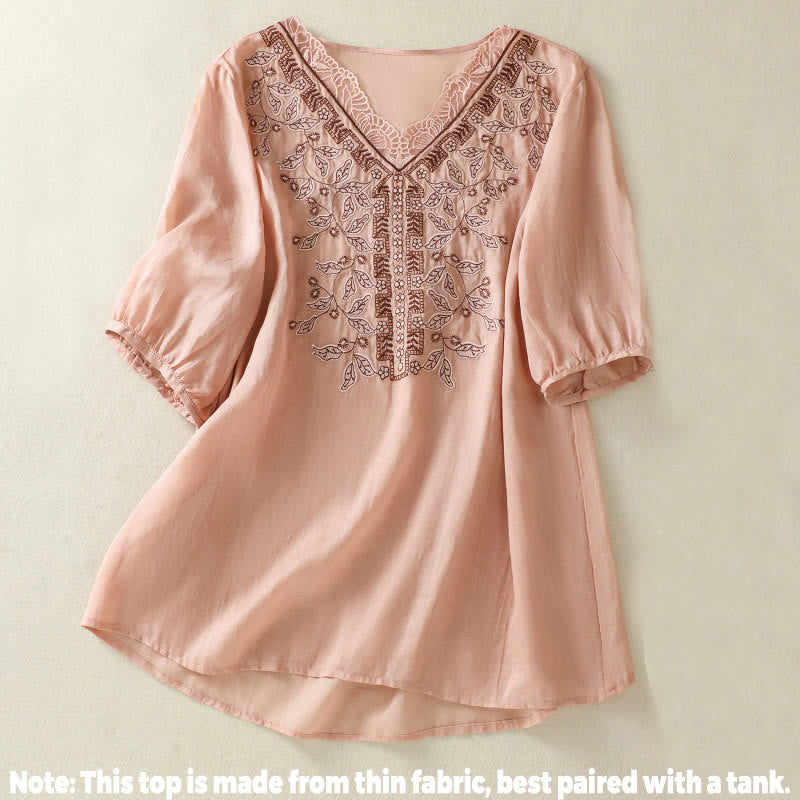 Nimara Ritual Embroidered Lace Casual Women's Cotton Linen Half Sleeve T-shirt