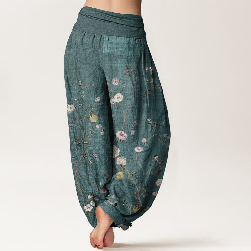 Nimara Ritual Pure Cotton Pink White Flowers Bamboo Leaves Fruits Design Women's Elastic Waist Harem Pants