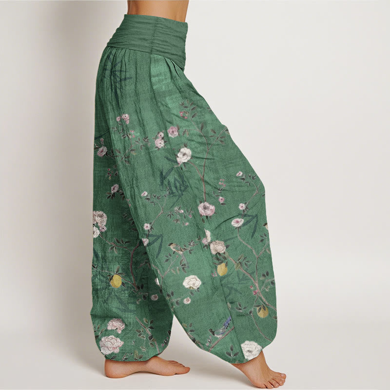 Nimara Ritual Pure Cotton Pink White Flowers Bamboo Leaves Fruits Design Women's Elastic Waist Harem Pants