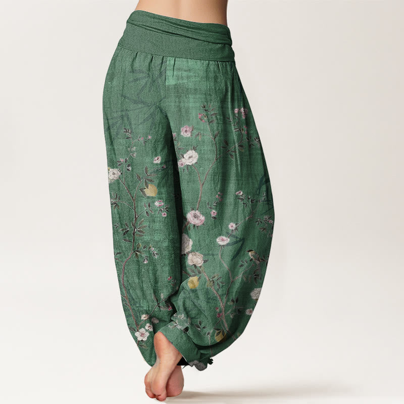 Nimara Ritual Pure Cotton Pink White Flowers Bamboo Leaves Fruits Design Women's Elastic Waist Harem Pants
