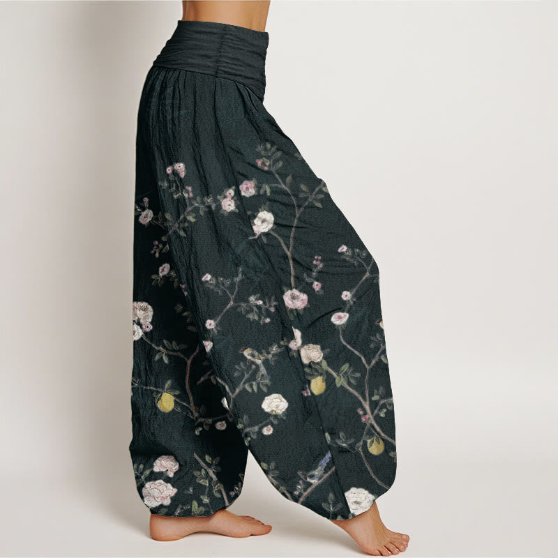 Nimara Ritual Pure Cotton Pink White Flowers Bamboo Leaves Fruits Design Women's Elastic Waist Harem Pants