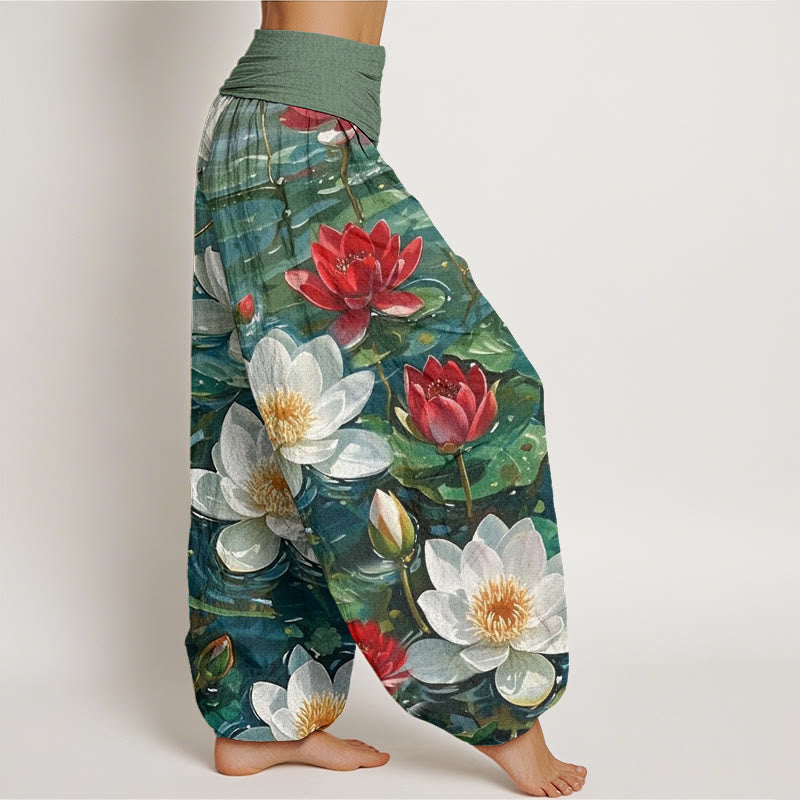 Nimara Ritual Cotton Casual Blooming Red Lotus Flower Pattern Women's Elastic Waist Harem Pants