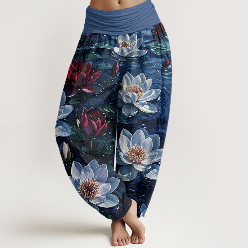 Nimara Ritual Cotton Casual Blooming Red Lotus Flower Pattern Women's Elastic Waist Harem Pants