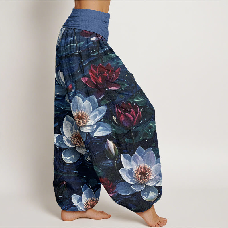 Nimara Ritual Cotton Casual Blooming Red Lotus Flower Pattern Women's Elastic Waist Harem Pants