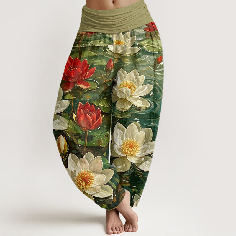 Nimara Ritual Cotton Casual Blooming Red Lotus Flower Pattern Women's Elastic Waist Harem Pants