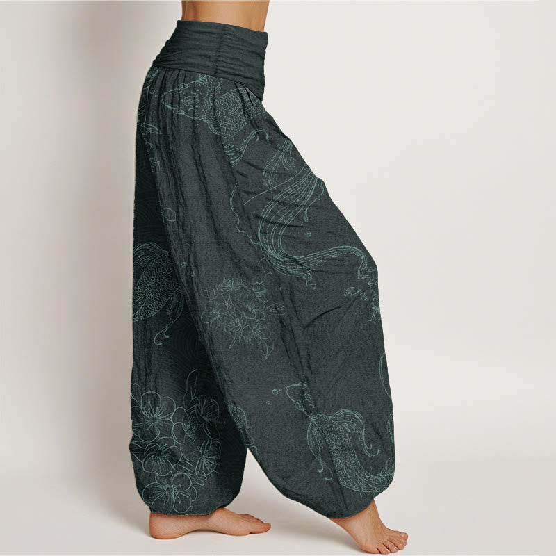 Nimara Ritual Pure Cotton Koi Fish Floral Pattern Women's Elastic Waist Harem Pants