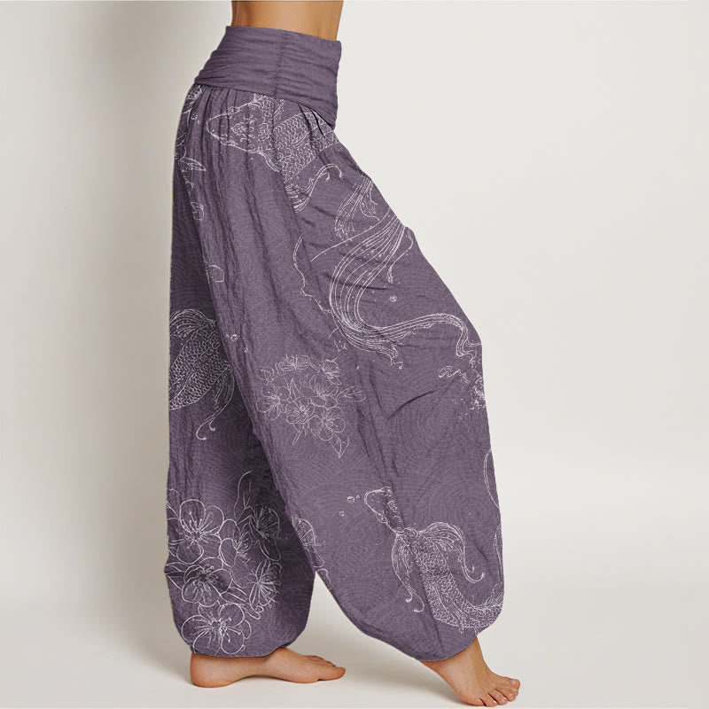 Nimara Ritual Pure Cotton Koi Fish Floral Pattern Women's Elastic Waist Harem Pants
