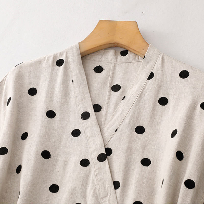 Nimara Ritual Polka Dot V-Neck Lace-up Women's Midi Dress With Pockets