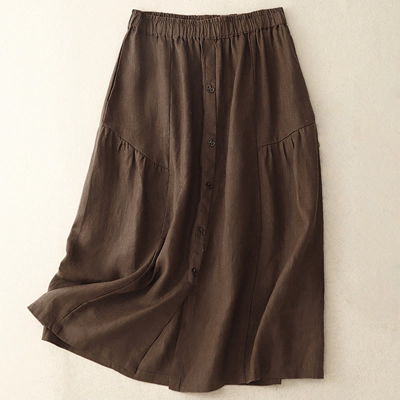 Nimara Ritual A-line Buttons Slit Design Elastic Waist Cotton Women's Skirt With Pockets