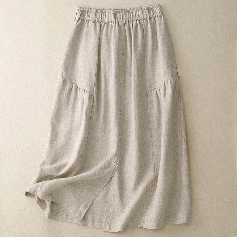 Nimara Ritual A-line Buttons Slit Design Elastic Waist Cotton Women's Skirt With Pockets