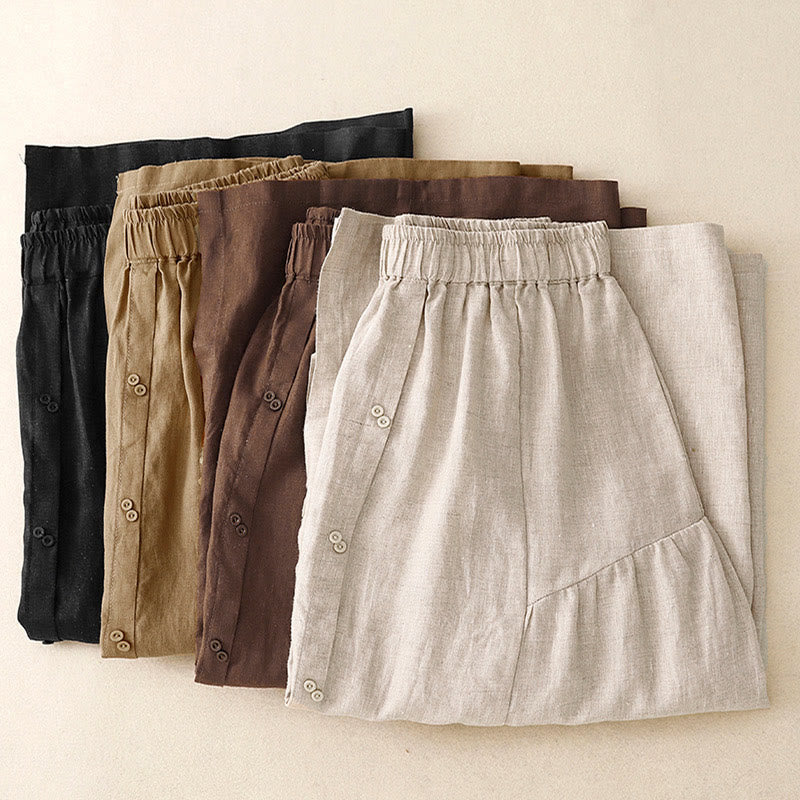 Nimara Ritual A-line Buttons Slit Design Elastic Waist Cotton Women's Skirt With Pockets