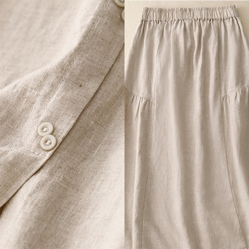 Nimara Ritual A-line Buttons Slit Design Elastic Waist Cotton Women's Skirt With Pockets