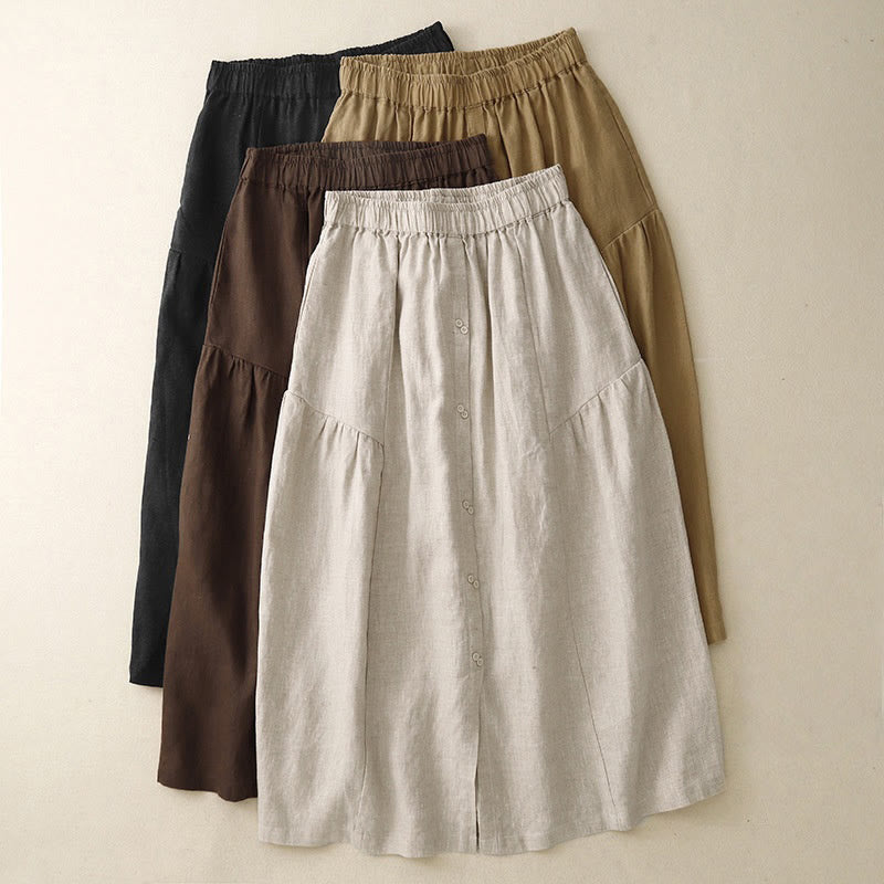 Nimara Ritual A-line Buttons Slit Design Elastic Waist Cotton Women's Skirt With Pockets