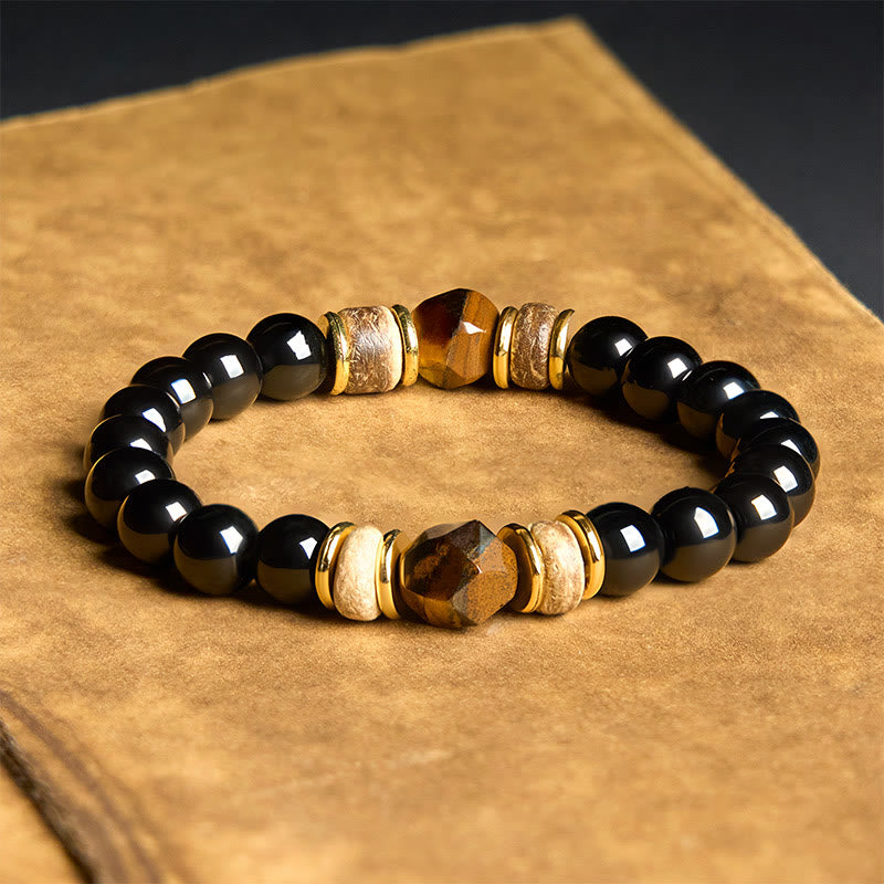 Nimara Ritual Black Obsidian Beads Sectional Tiger Eye Stone Purification Bracelet