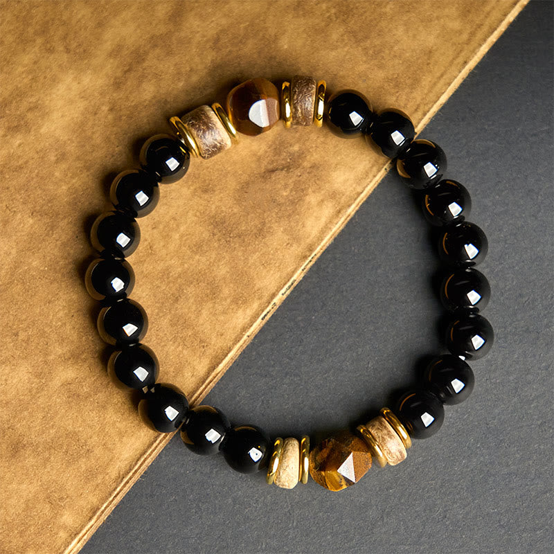 Nimara Ritual Black Obsidian Beads Sectional Tiger Eye Stone Purification Bracelet