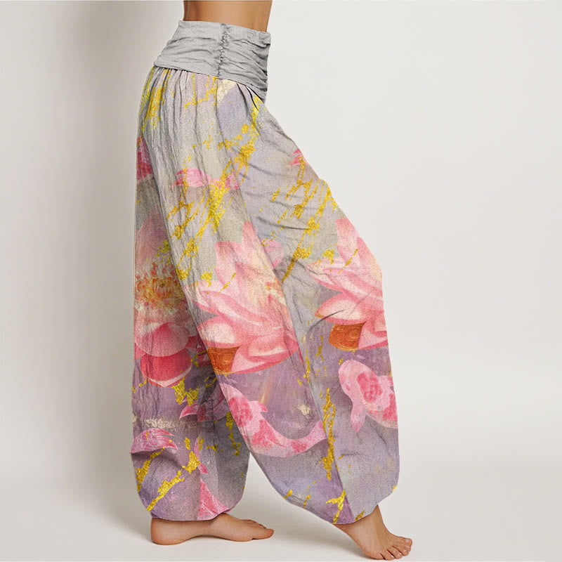 Nimara Ritual Cotton Casual Lotus Flower Koi Fish Pattern Women's Harem Pants
